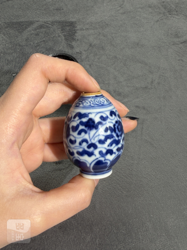 清早期青花缠枝莲纹小水盂（带木座） - 图5